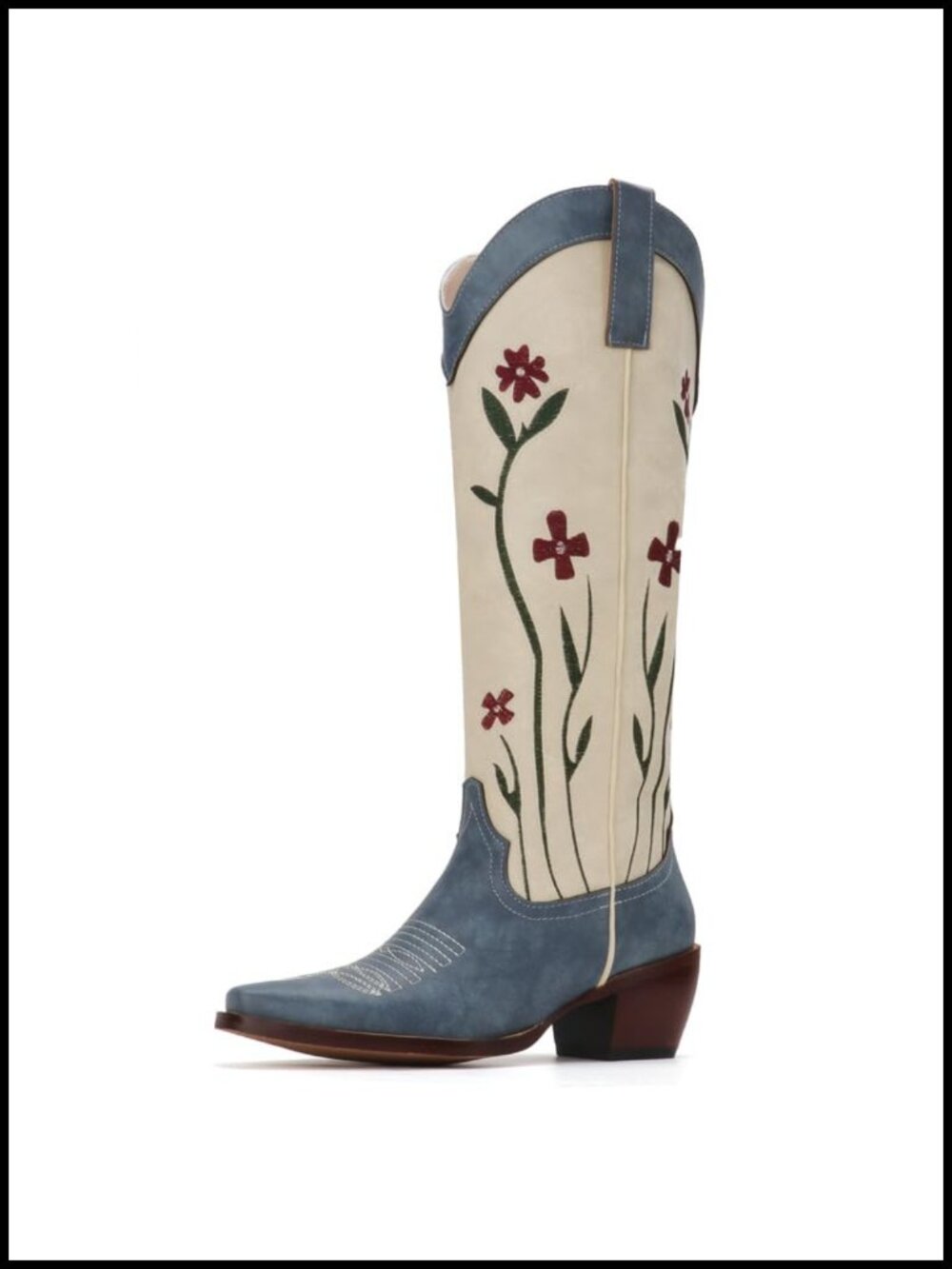 Western Cowboy Boots Floral Embroidered Snip Toe Knee High Faux Leather